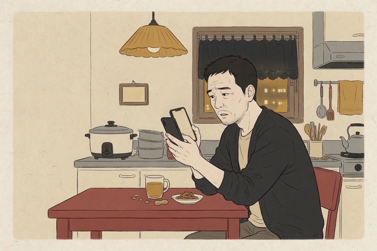 A Korean man in his forties sits at a kitchen table squinting at his phone with a puzzled expression