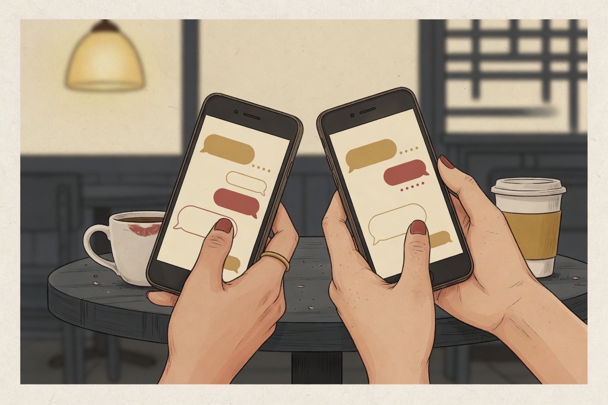 Two pairs of adult hands hold phones side by side on a Korean cafe table, screens showing only abstract chat bubble shapes