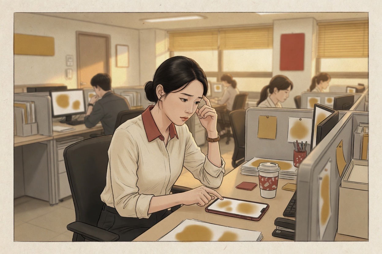 A Korean woman in her mid-twenties at an office desk hesitates with her finger over a phone message before sending