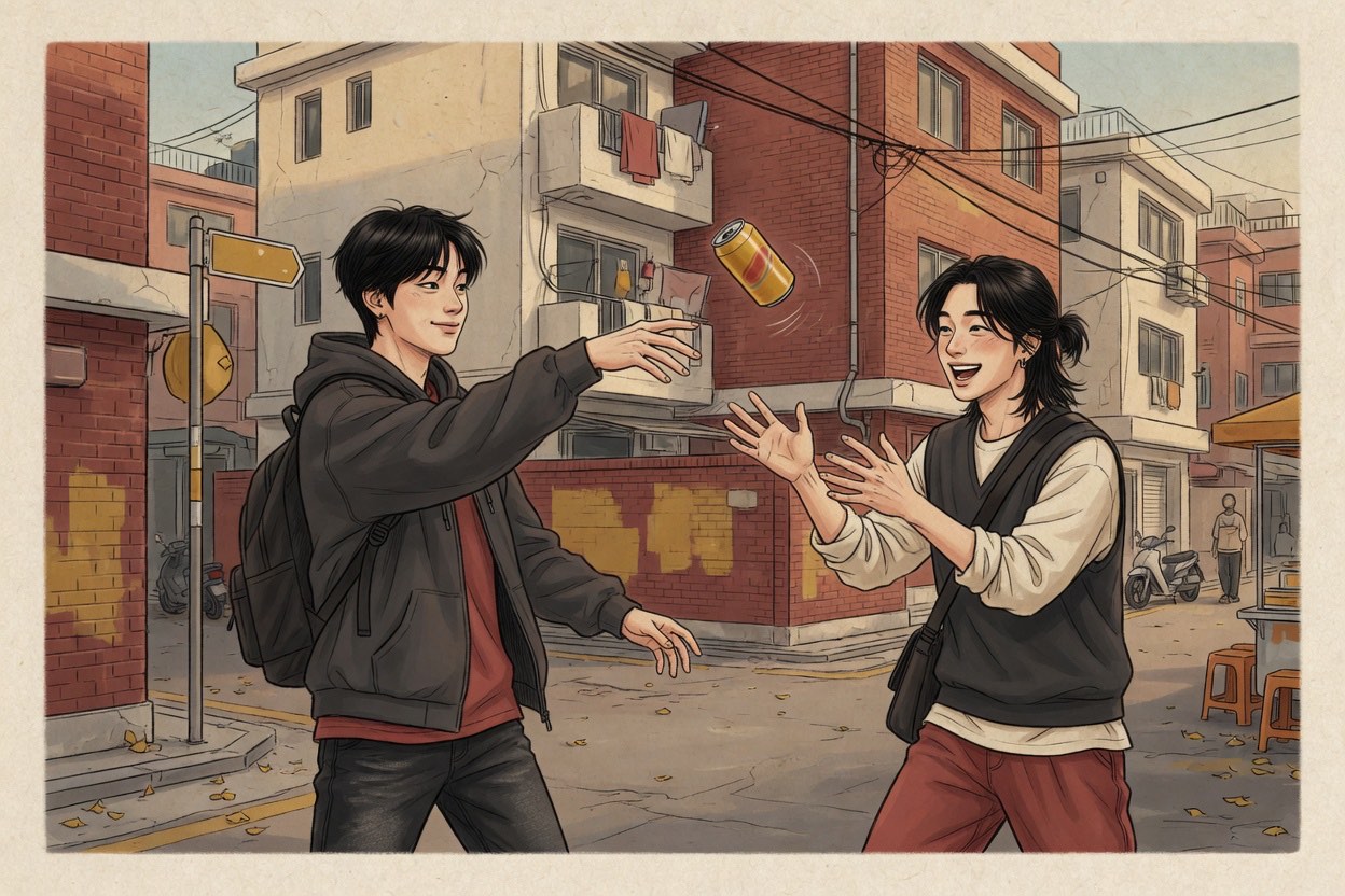 On a Korean city street, two friends in their twenties grin as one tosses a canned drink and the other catches it