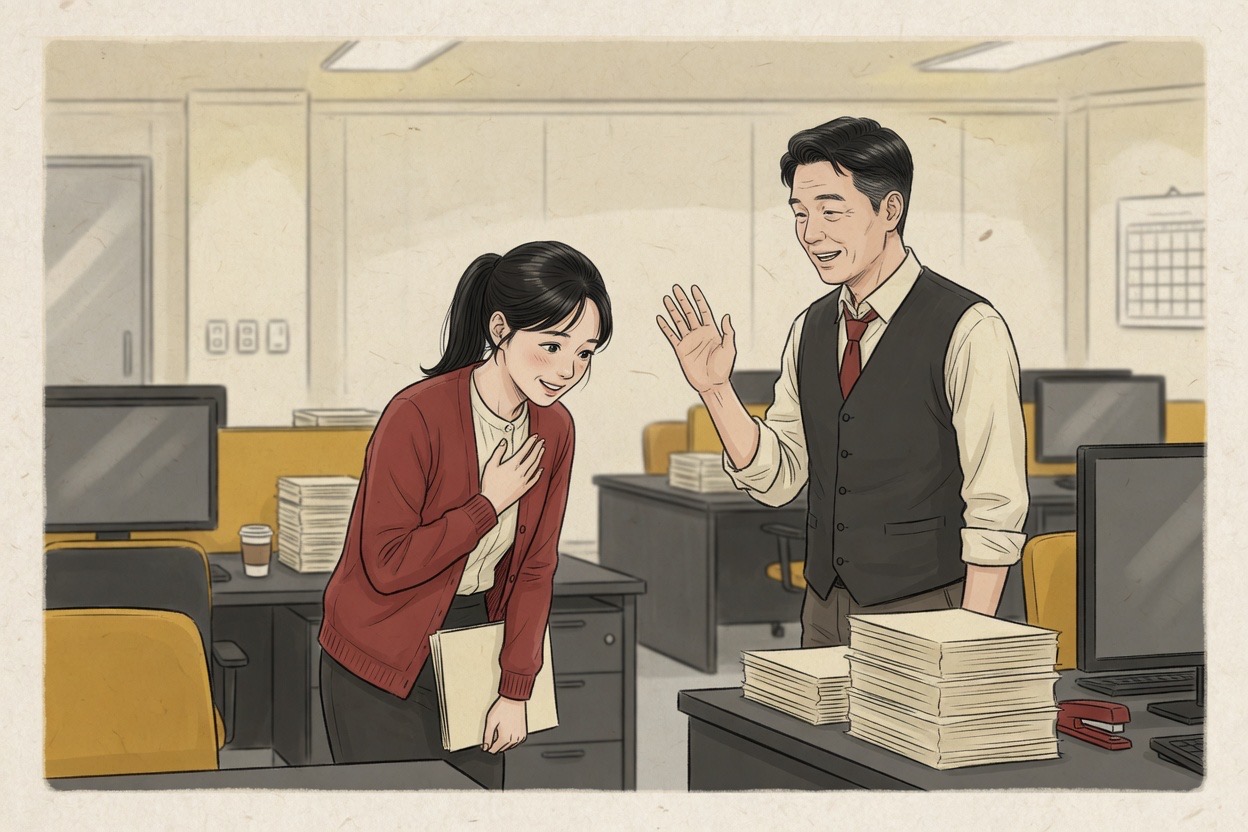 In a Korean office, a junior woman in her twenties thanks a senior colleague in his forties who waves off the thanks with a kind gesture