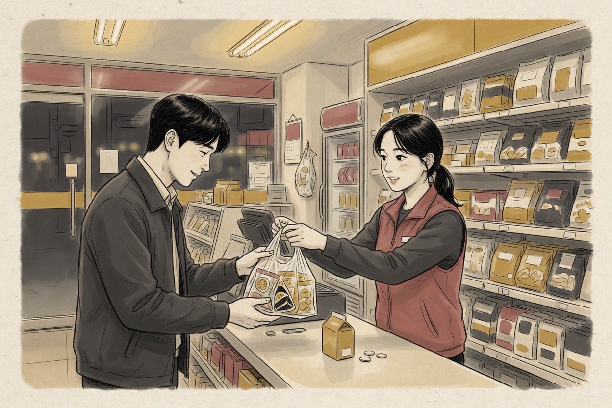 At a Korean convenience store counter, a man in his thirties nods thanks as a clerk in her twenties hands over a plastic bag