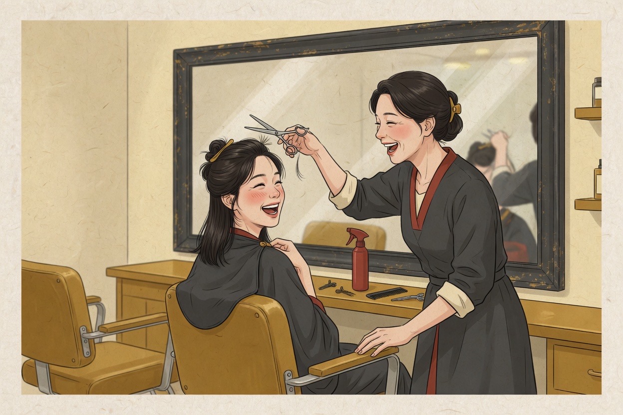 A hair salon where a young customer chats warmly with a slightly older stylist, both mid-laugh with scissors paused