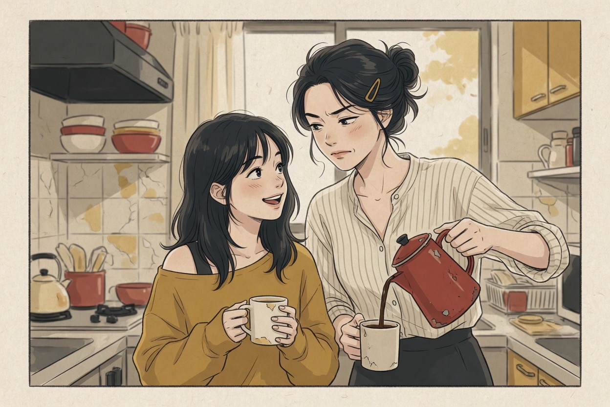 Two sisters in a small apartment kitchen; the younger holds out a chipped mug for the older to fill during an easy morning routine