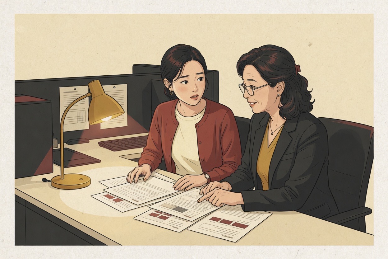 A young woman office worker quietly asking a slightly older female colleague for help at a desk; the older one turns with a patient, knowing expression