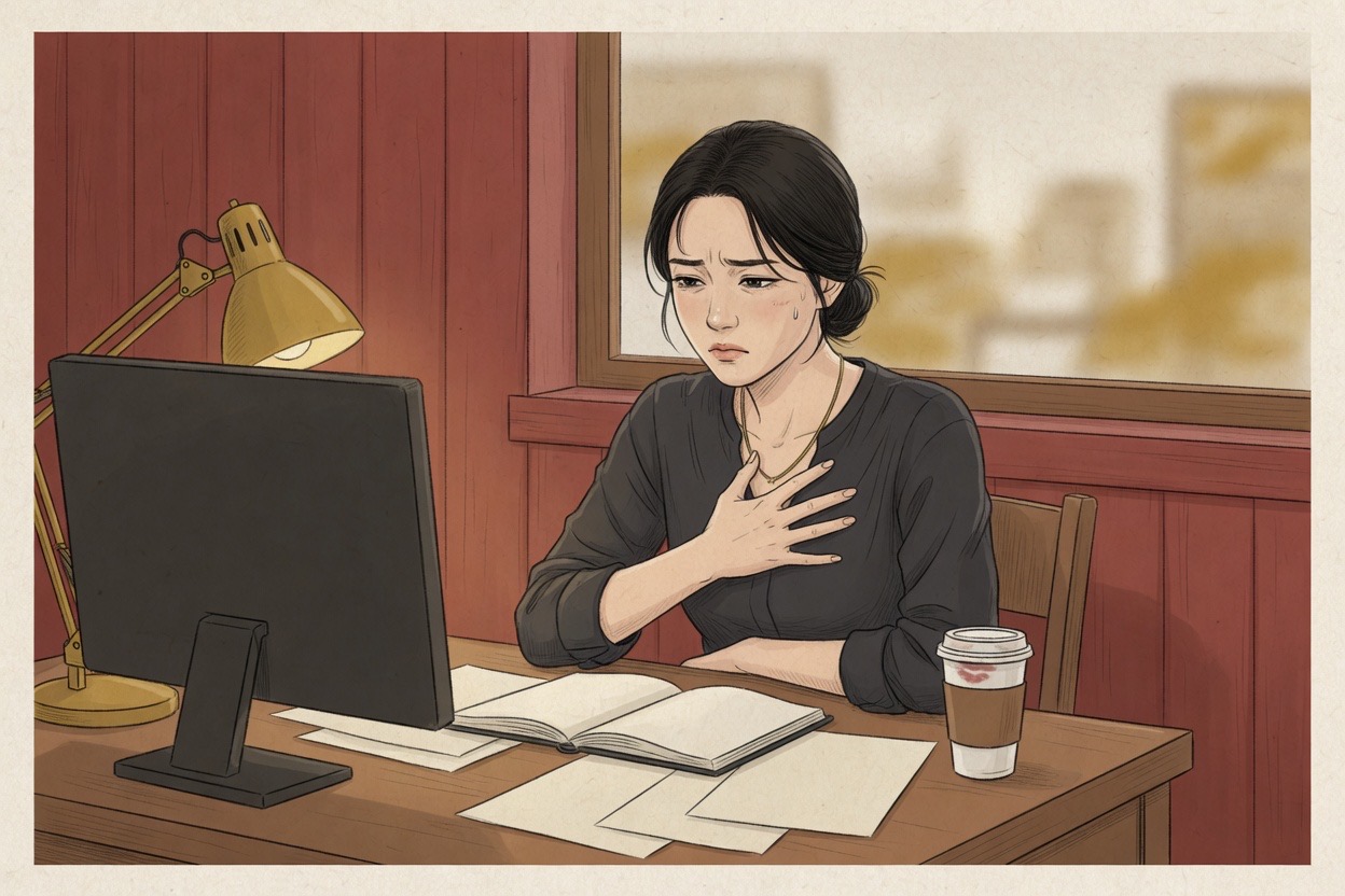 A Korean person in their thirties at a desk presses a hand flat against their sternum, face tight with stifled frustration