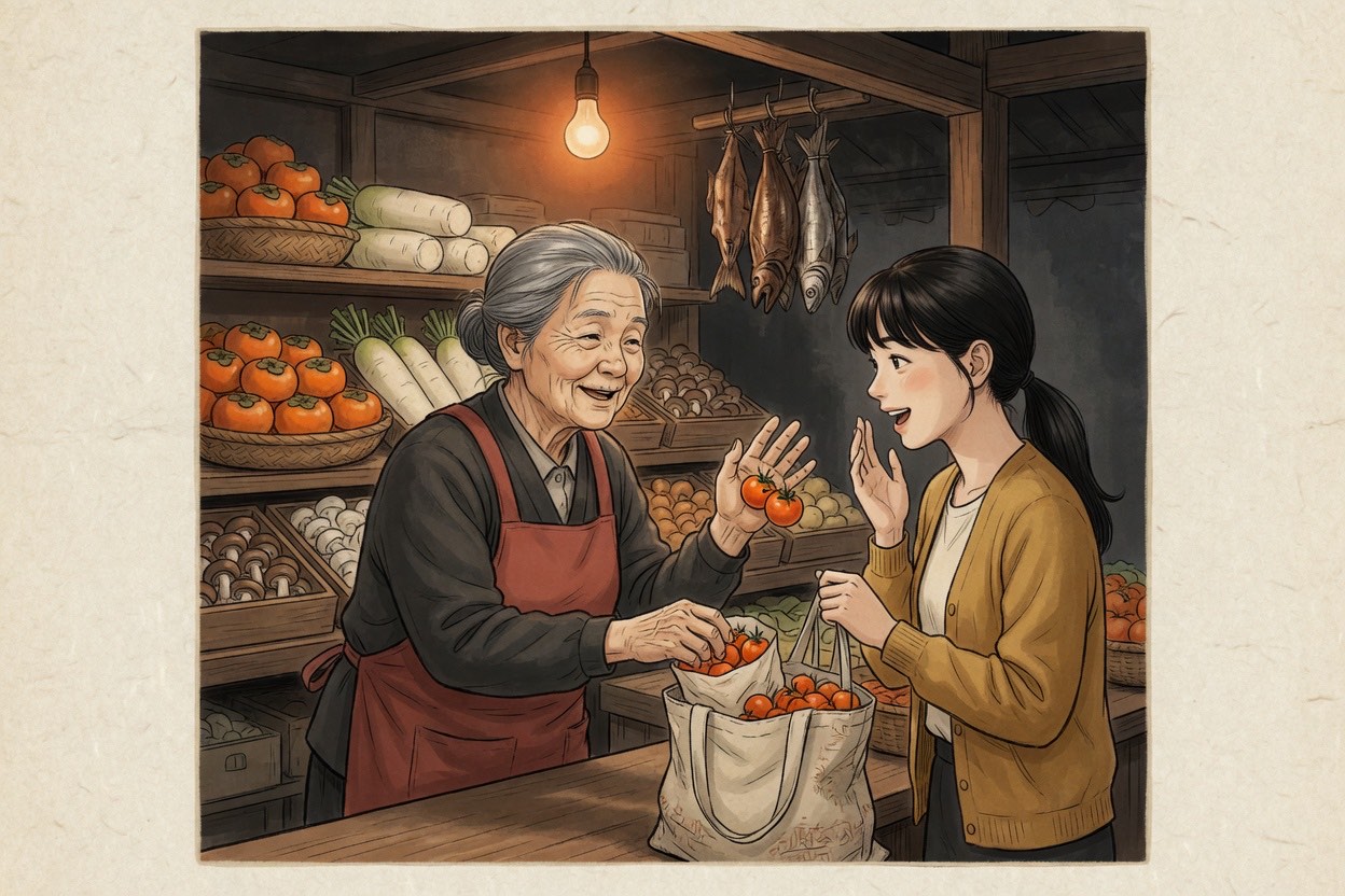 An older Korean shopkeeper in their sixties presses an extra item into a young customer’s bag without being asked