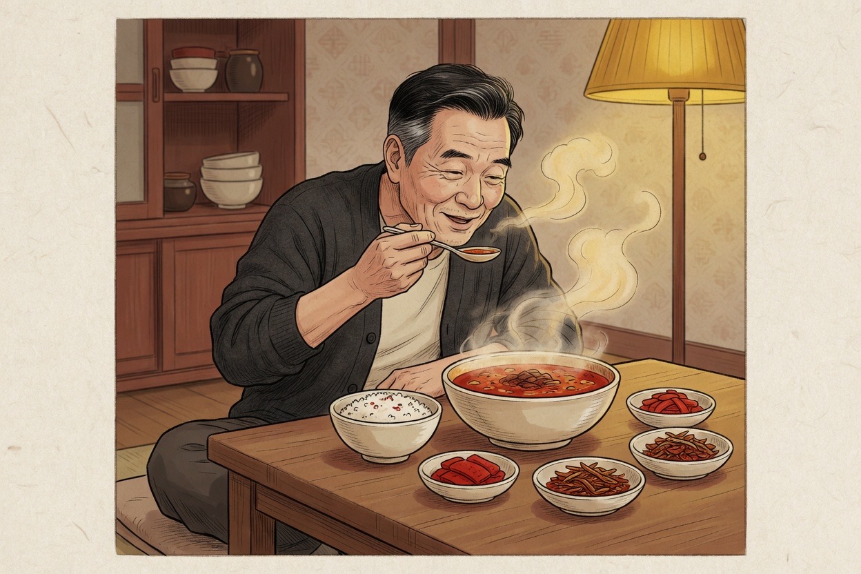 An older Korean man in his sixties eating steaming soup and exhaling with visible satisfaction