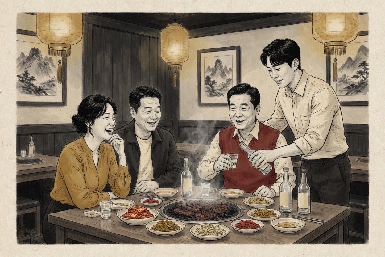 At a Korean restaurant table, colleagues in their twenties to fifties share side dishes while a junior pours for a senior with two hands