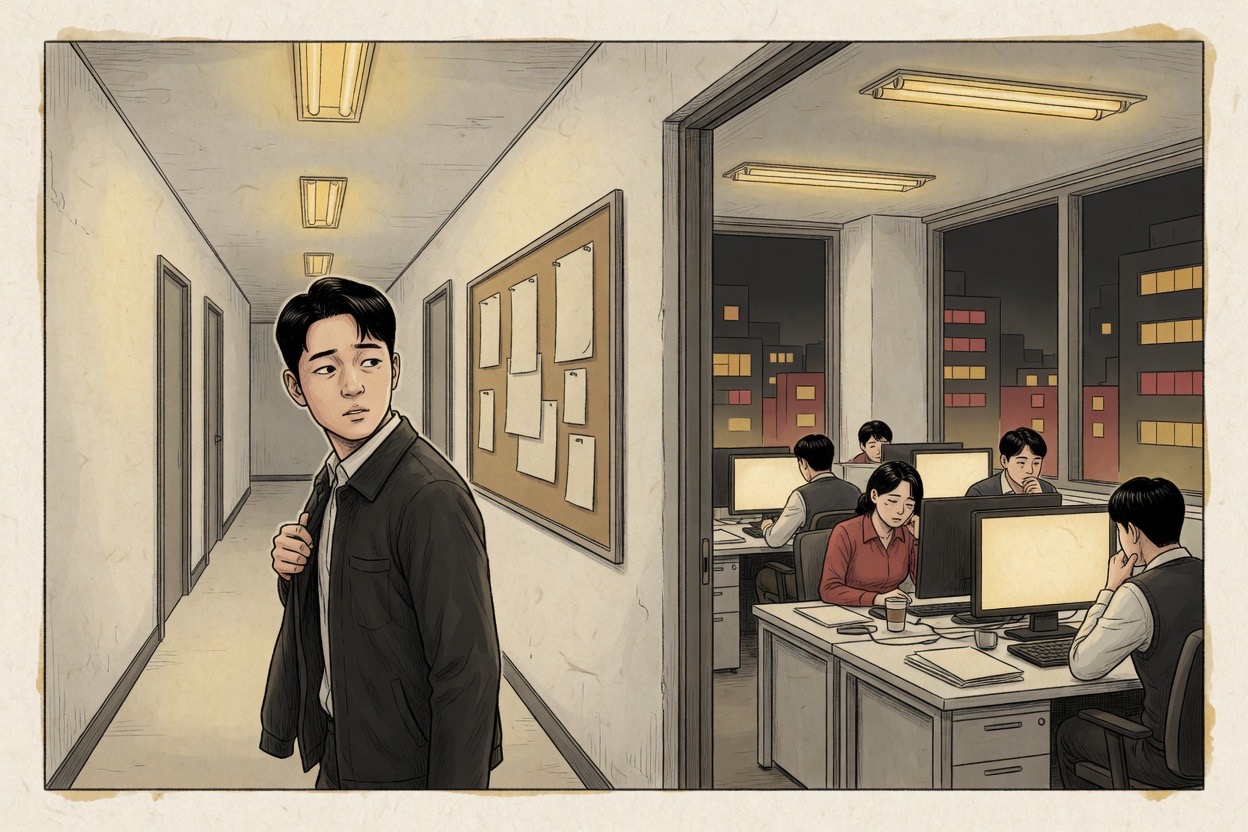 In a Korean office corridor at night, a man in his thirties puts on a jacket while looking back at desks still lit behind him