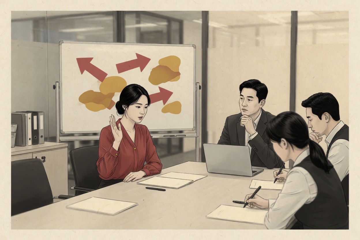 In a Korean meeting room, a junior woman in her twenties raises her hand slightly, waiting for a pause before speaking while seniors listen