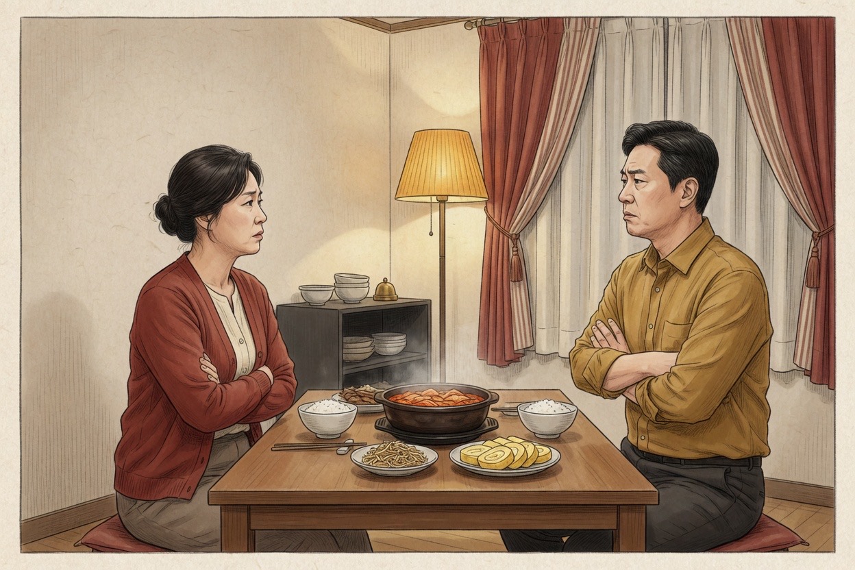 A Korean couple in their forties at a dining table mid-disagreement, arms folded, both looking away but still seated together