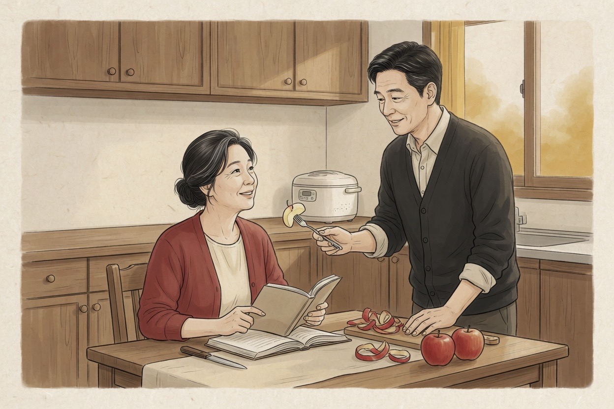 A Korean husband in his fifties hands his wife a peeled apple slice while she reads at a kitchen table
