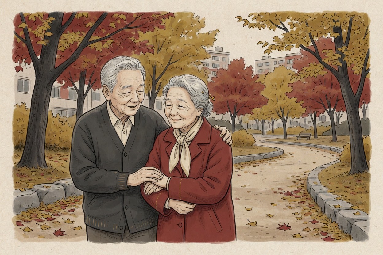 An elderly Korean couple in their seventies walking a park path slowly, one steadying the other's arm