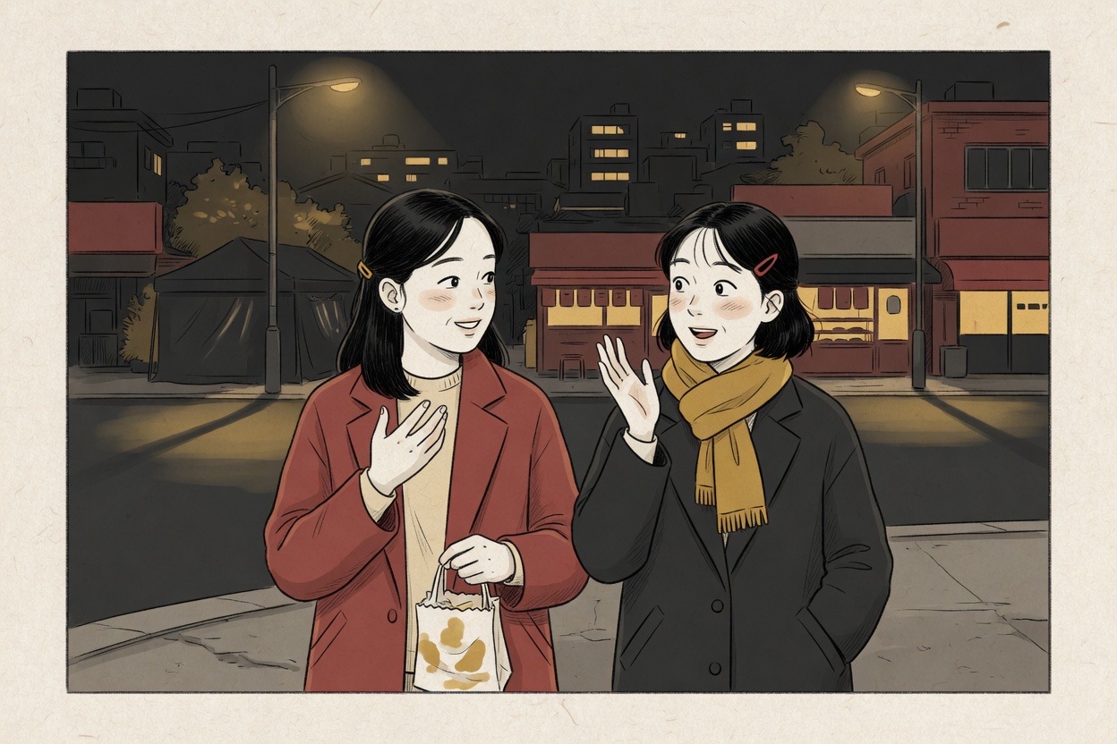 Two Korean friends in their late twenties walk outside after dinner; one explains gently while the other goes wide-eyed in realization