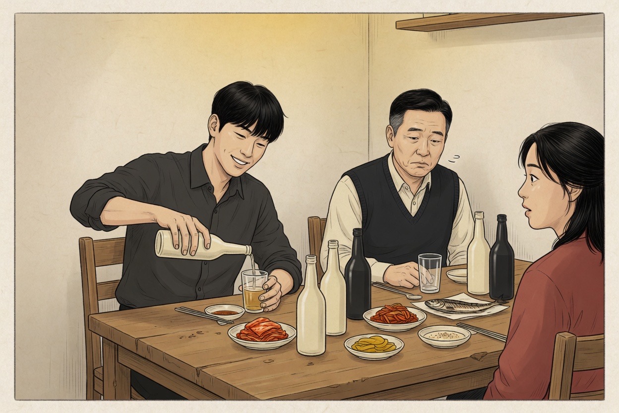 At a Korean drinking table, a younger person in their twenties fills their own glass while an elder’s empty glass sits untouched beside them
