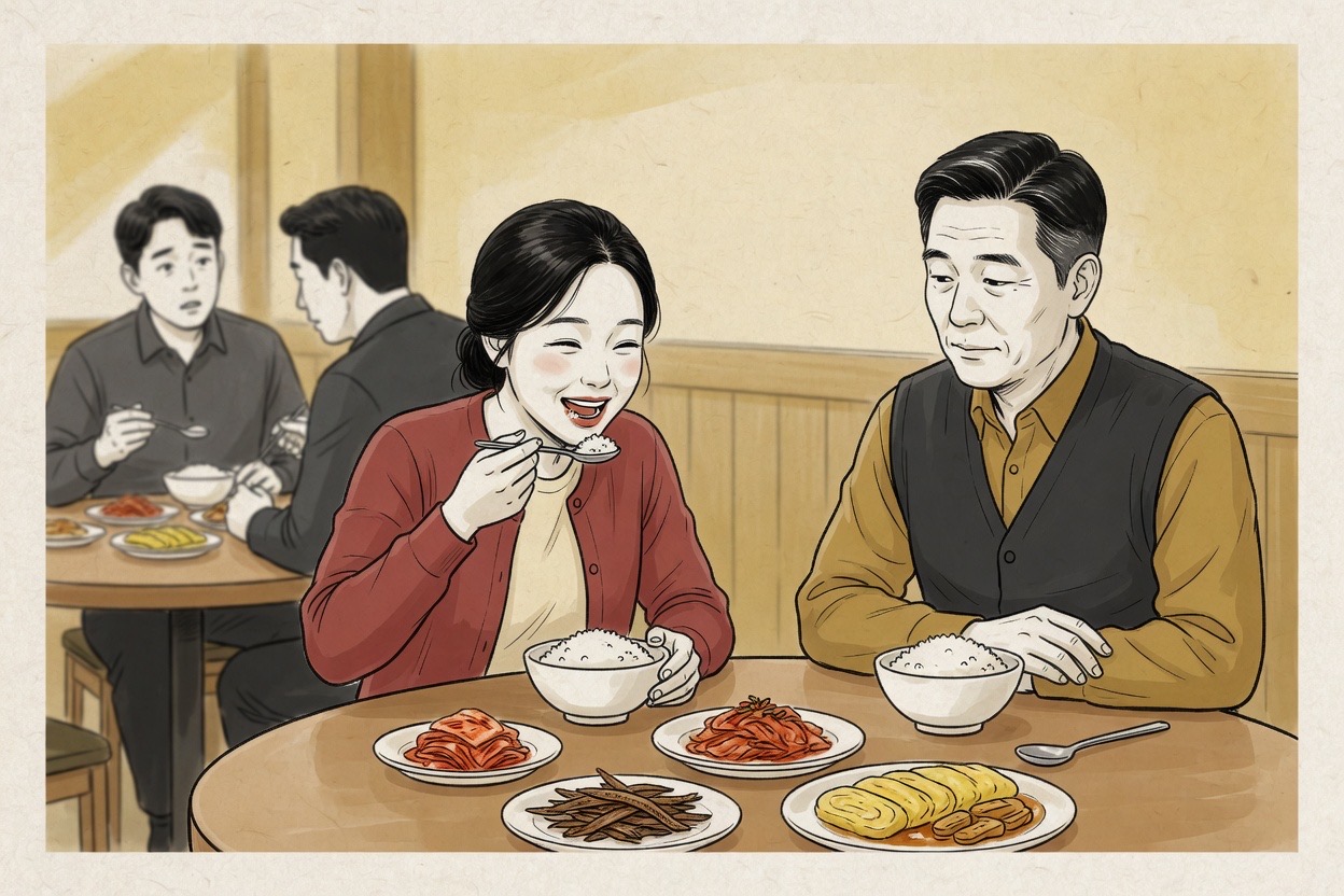 At a Korean restaurant table, a person in their twenties is already eating while an older colleague in their fifties has not yet picked up a spoon